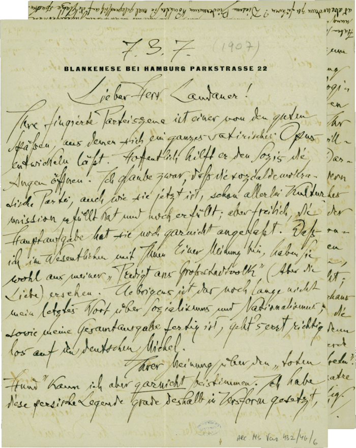 Letter from Richard Dehmel to Gustav Landauer, Hamburg, March 7, 1907 (2 pages), NLI, Gustav Landauer Archive, ARC. Ms. Var. 432 01 25.7.