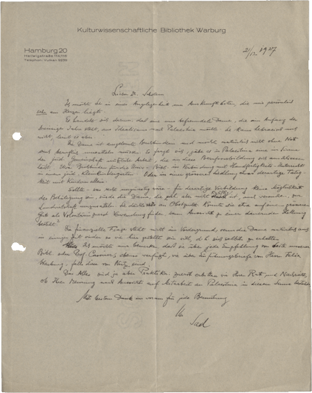 Letter from Fritz Saxl to Gershom Scholem, Hamburg, December 21, 1927, NLI, Gershom Scholem Archive, ARC. 4* 1599 01 2805.