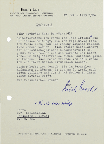 Letter from Erich Lüth to M. Y. Ben-Gavriêl, Hamburg, March 27, 1953, NLI, Moshe Ya’aqov Ben Gavriel Archive, ARC. Ms. Var. 365 4 181.