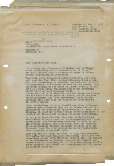Letter from Arie Goral to Erich Lüth, Munich, January 17, 1953, Archive of the Hamburg Institue for Social Research, Collection Arie Goral, GOR_160,13_Goral an Lüth_17011953, edited in: Key Documents of German-Jewish History.