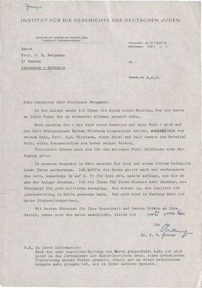 Letter from Heinz Moshe Graupe to Shmuel Hugo Bergmann, Hamburg, June 8, 1970, NLI, ARC. 4* 1502 01 991.