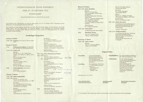 Preliminary Program for the 1972 International Heine Congress, NLI, Akibah Ernst Simon Archive, ARC. 4* 1751 12 3284.7-18.