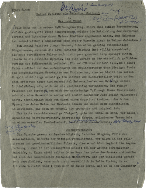 Ernst Simon, Heines Stellung zum Judentum. Spätzeit [“Heine‘s Position on Judaism. Late Period”] (typescript), page 1, NLI, Akibah Ernst Simon Archive, ARC. 4* 1751 15 3360a.