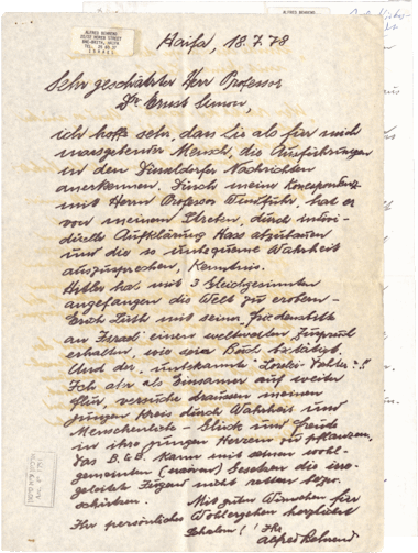 Letter from Alfred Behrend to Ernst Simon, Haifa, July 18, 1978, with enclosed newspaper clipping from Düsseldorfer Nachrichten, July 3, 1978, NLI, Akibah Ernst Simon Archive, ARC. 4* 1751 12 3285.