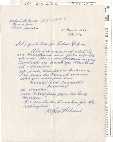 Letter from Alfred Behrend to Ernst Simon, Haifa, January 13, 1977, with enclosed newspaper clipping from Hamburger Abendblatt, December 9, 1976, NLI, Akibah Ernst Simon Archive, ARC. 4* 1751 12 3285.