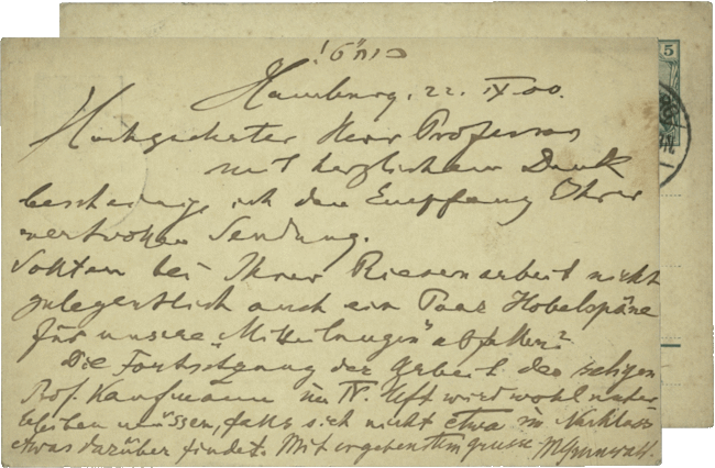 Postcard from Max Grunwald to Prof. W. Bacher, Hamburg, September 22, 1900, NLI, Science of Judaism Letter Collection, ARC. Ms. Var. 236 02 163.