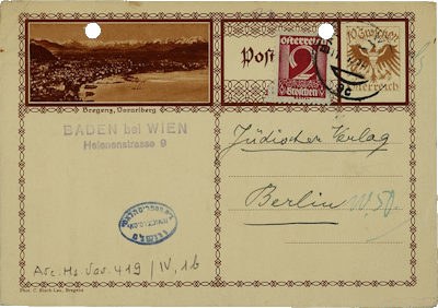 Postcard from Max Grunwald to Jüdischer Verlag, Baden near Vienna, January 10, 1933, NLI, Siegmund Kaznelson Archive, ARC. 4* 1749 3 2.