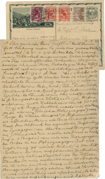 Postcard from Max Grunwald to Gershom Scholem, Vienna, September 1933, NLI, Gershom Scholem Archive, ARC. 4* 1599 01 997.