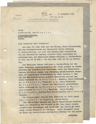 Letter from Bruno Snell to Martin Buber, Hamburg, December 7, 1951, Hamburg State Archives, 3264-5 I (University I), P 70.22.02.