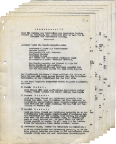 Minutes of the meeting of the Board of Trustees of the Hansischer Goethe-Preis on Saturday, November 1, 1951, at 9:00 a.m. in the Rectorate of the University of Hamburg (with appendix), Hamburg State Archives, 364-5 I (University I), P 70.22.02.
