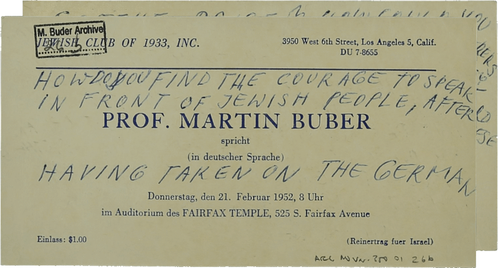 Invitation card to a lecture by Prof. Martin Buber in Los Angeles, February 21, 1952, with handwritten note (front), NLI, Martin Buber Archive, ARC Ms Var. 350 01 26a-c.