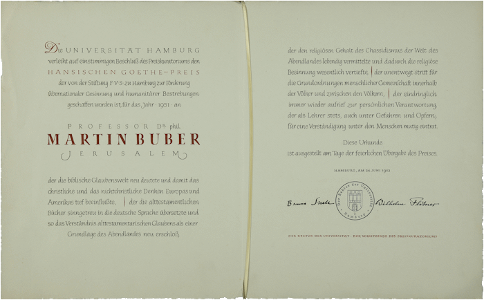 Certificate for the award of the Hansischer Goethe-Preis [Hanseatic Goethe Prize] to Prof. Dr. Martin Buber, issued by the University of Hamburg, Hamburg, June 24, 1953, NLI, Martin Buber Archive, ARC MS. Var. 350 01 26.
