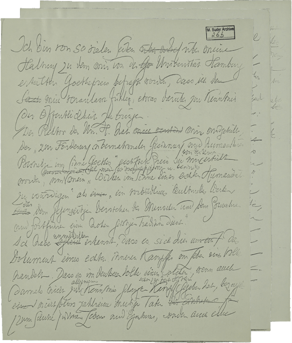 Martin Buber's remarks on accepting the Goethe Prize (photocopy), n.p., n.d., NLI, Martin Buber Archive, ARC Ms Var. 350 01 26a-c.