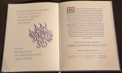 Certificate for the award of the Buber-Rosenzweig Medal 2025, issued by the German Coordinating Council of Societies for Christian-Jewish Cooperation [Deutscher Koordinierungsrat der Gesellschaften für christlich-jüdische Zusammenarbeit], © German Coordinating Council.