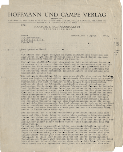 Letter from Hoffmann und Campe to M. Y. Ben-Gavriêl, Hamburg, April 7, 1933, NLI, Moshe Ya’aqov Ben Gavriel Archive, ARC. Ms. Var. 365 4 122.