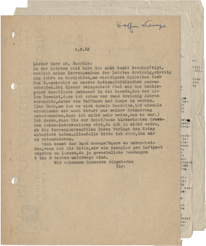 Letter from Ben-Gavriêl to Albrecht Bürkle, Jerusalem, February 4, 1962 (carbon copy), NLI, Moshe Ya’aqov Ben Gavriel Archive, ARC. Ms. Var. 365 4 122.