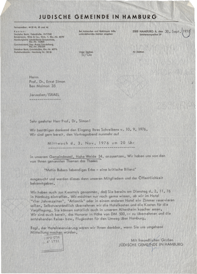 Letter from Günter Singer to Ernst Simon, Hamburg, August 30, 1976, NLI, Akibah Ernst Simon Archive, ARC. 4* 1751 01 479.
