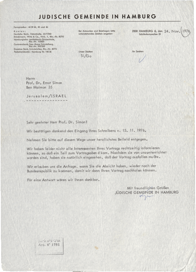 Letter from Günter Singer to Ernst Simon, Hamburg, November 24, 1976, NLI, Akibah Ernst Simon Archive, ARC. 4* 1751 01 479.