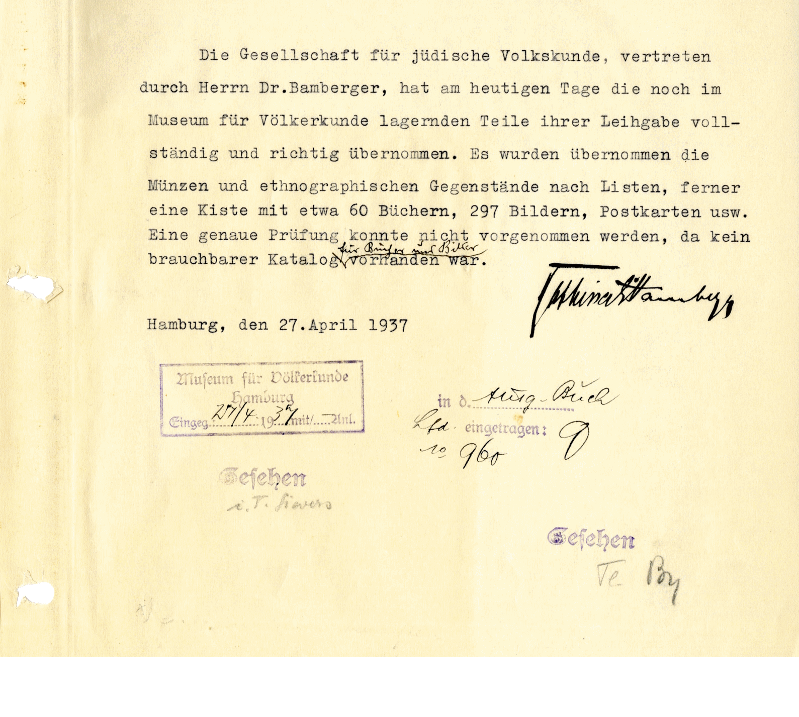 Confirmation takeover of the collection of the Society for Jewish Folklore, Rabbi Dr. Bamberger and the Museum of Ethnology, April 22, 1937, MARKK Archive I 685.