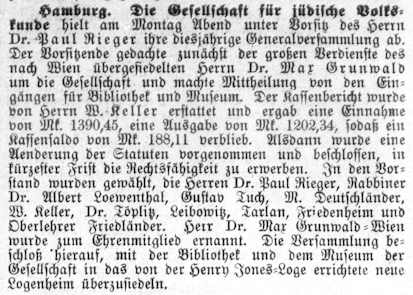 “Hamburg. Die Gesellschaft für jüdische Volkskunde,” in: Israelitisches Familienblatt (Vol. 6) 44, October 29, 1903, p. 5. Digitized by the J.C. Senckenberg University Library, Frankfurt am Main, 2021.