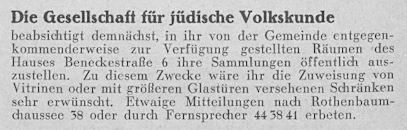 “Die Gesellschaft für jüdische Volkskunde,“ in: Gemeindeblatt der Deutsch-Israelitischen Gemeinde, vol. 8. no. 7, August 29, 1932, p. 6, Hamburg State Archives, StaHH 522-01, 872 VI-IX, 0073.