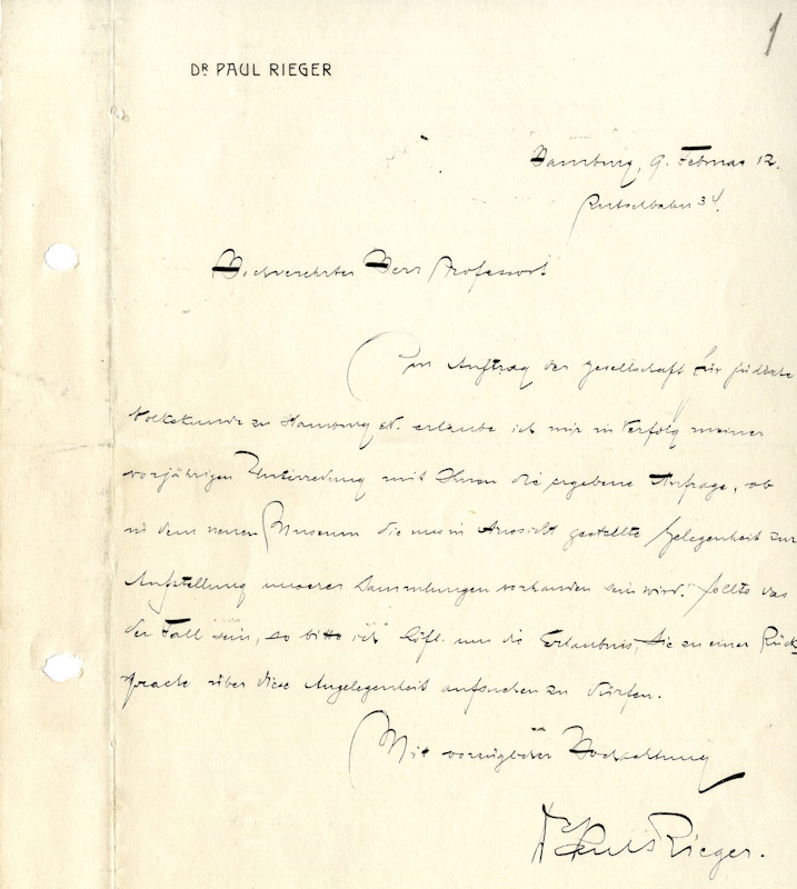 Letter from Paul Rieger to Georg Thilenius, February 9, 1912, MARKK Archive I 685.