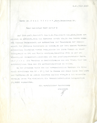 Letter from Georg Thilenius to Paul Rieger, February 10, 1912, MARKK Archive I 685.
