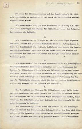 Contract between the Finanzdeputation Hamburg and the Gesellschaft für jüdische Volkskunde zu Hamburg e.V., Hamburg, June 5, 1913, Hamburg State Archives StA HH_311-2 IV_11553.
