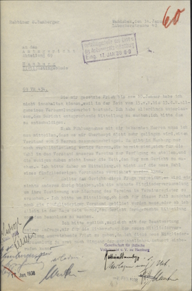 Letter from Chairman Simon Simcha Bamberger to the Hamburg District Court, Hamburg, January 14, 1938, Hamburg State Archives, StaHH_231-10_B 1973-116, sheet 99 (GfJV HH eV 1910-60).