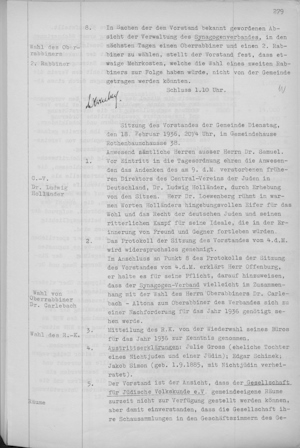 Excerpt from the minutes of the meeting of the congregation board regarding the Society’s show collections, Hamburg, February 18, 1936, Hamburg State Archives, StaHH_522-1_297 Vol. 22 Sitzungsprotokolle des Gemeindevorstandes, mit Indices, 1934–1937, pp. 279-280, p. 279.