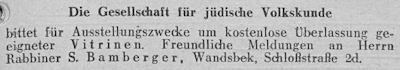 Small ad in the Gemeindeblatt with showcase request, in: Gemeindeblatt der Deutsch-Israelitischen Gemeinde zu Hamburg, vol. 12, no. 5, May 15, 1936, p. 15, Hamburg State Archives, StaHH_522-1_872 X–XII.