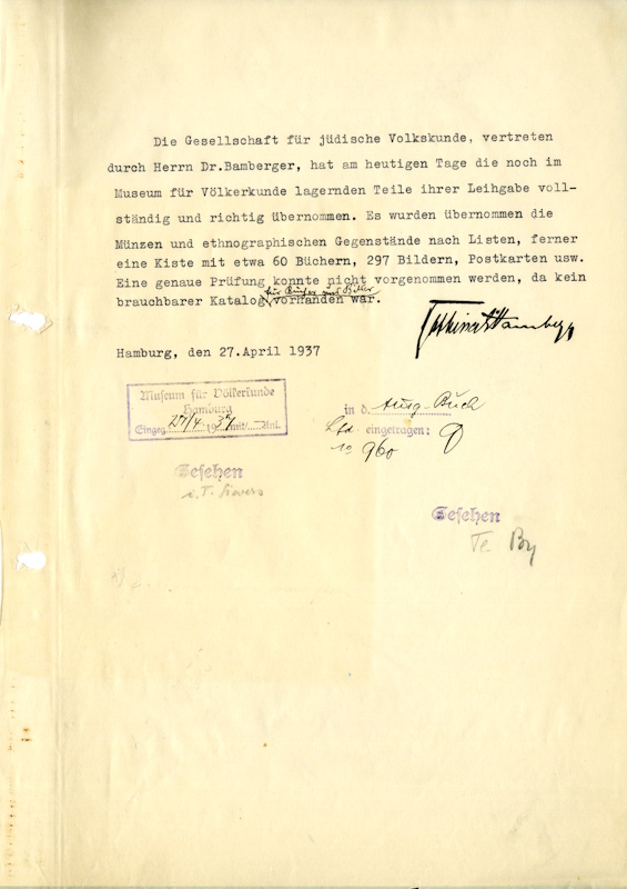 Confirmation takeover of the collection of the Society for Jewish Folklore, Rabbi Dr. Bamberger and the Museum of Ethnology, April 22, 1937, MARKK Archive I 685.