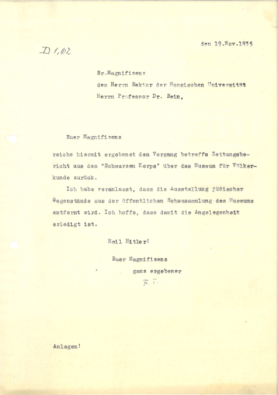 Letter of reply from Prof. Franz Termer, Museum Director, to University Dean Dr. Adolf Rein regarding the removal of Jewish objects from the museum’s display collection, November 19, 1935, MARKK Archive I 310.