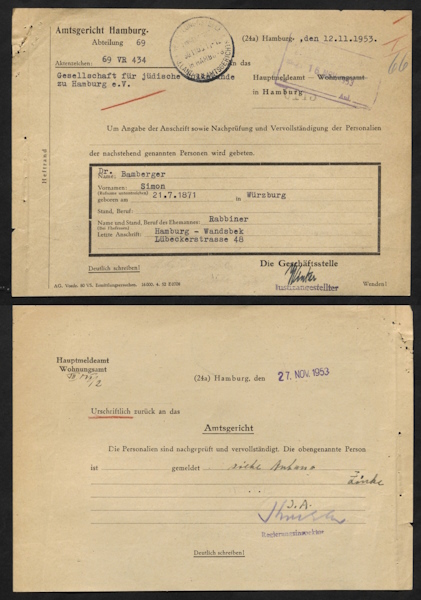 Hamburg District Court, Housing Office, register information on an inquiry by the Hamburg District Court about the whereabouts of the members of the last board of the Society for Jewish Folklore, Hamburg State Archives, StaHH_231-10_B 1973-116 GfJV HH eV 1910-60, sheets 112, 114–117, sheet 112.