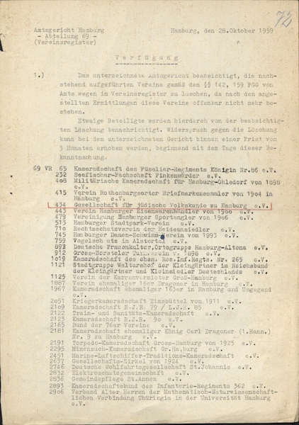 Order of the Hamburg District Court, Hamburg, October 28, 1959, Hamburg State Archives, StaHH_231-10_B 1973- 116, sheet 72 (GfJV HH eV 1910-60, Vereinsregister 434, sheets 134–136).
