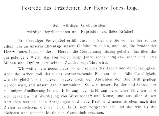 Speech by Gustav Tuch, President of the Henry Jones Lodge, in: The Meeting Hall in Hamburg. Publication Commemorating Its Inauguration. Sunday, August 28, 1904 (StaHH library, A 870/0059), pp. 25-30 [excerpts], edited in: Key Documents of German-Jewish History.