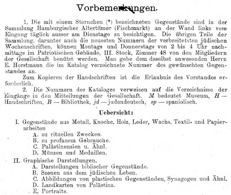 Verzeichnis der Sammlungen der Gesellschaft für jüdische Volkskunde, Hamburg 1900, digitized by IGdJ / The National Library of Israel, 990019908800205171, public domain.