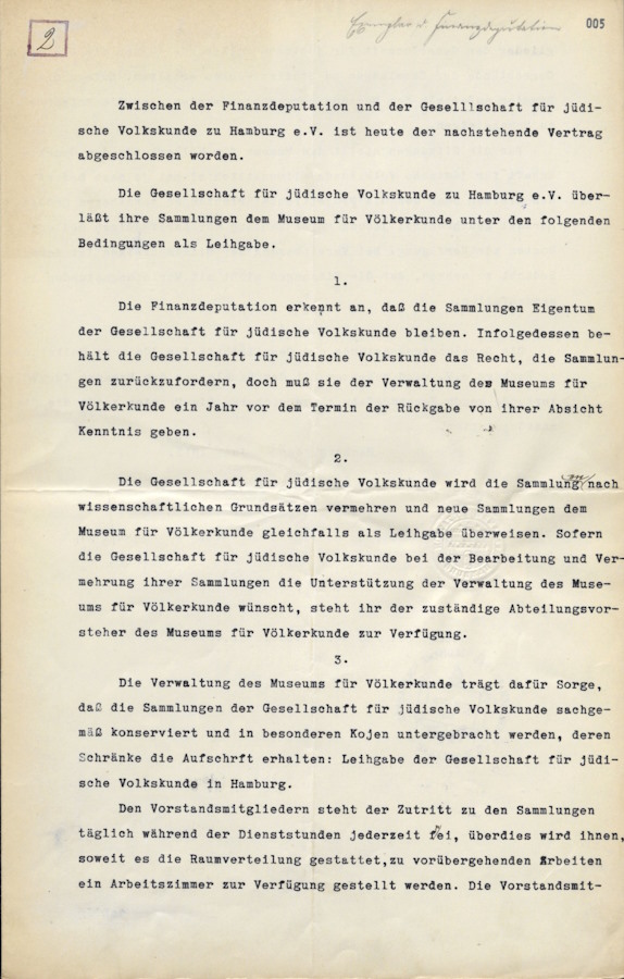 Contract between the Finanzdeputation Hamburg and the Gesellschaft für jüdische Volkskunde zu Hamburg e.V., Hamburg, June 5, 1913, Hamburg State Archives StA HH_311-2 IV_11553.