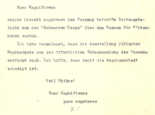 Letter of reply from Prof. Franz Termer, Museum Director, to University Dean Dr. Adolf Rein regarding the removal of Jewish objects from the museum’s display collection, November 19, 1935, MARKK Archive I 310.