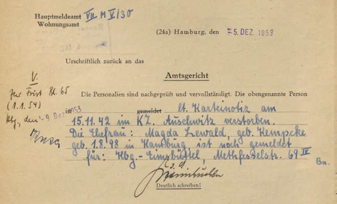 Hamburg District Court, Housing Office, register information on an inquiry by the Hamburg District Court about the whereabouts of the members of the last board of the Society for Jewish Folklore, Hamburg State Archives, StaHH_231-10_B 1973-116 GfJV HH eV 1910-60, sheets 112, 114–117.