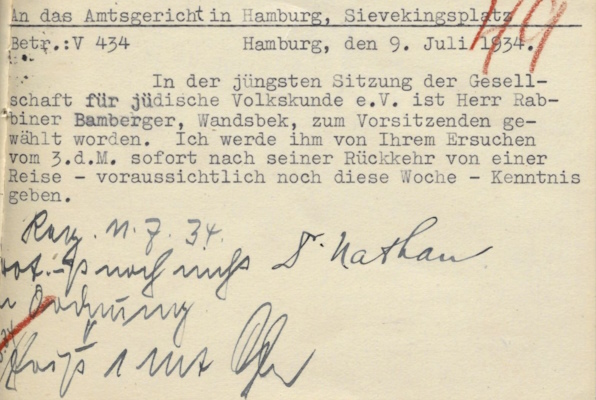 Letter from N. M. Nathan to the Hamburg District Court on the election of the new chairman Simon Simcha Bamberger, Hamburg, July 9, 1934, Hamburg State Archives, StaHH_231-10_B 1973-116, sheet 84.