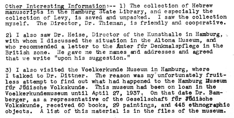 Hannah Arendt, Jewish Cultural Reconstruction Field Reports, 1948–1951, Field Report No. 18, February 15 – March 10, 1950, Leo Baeck Institute New York, edited in: Key Documents of German-Jewish History. (excerpt: pages 4 and 5, p. 4)